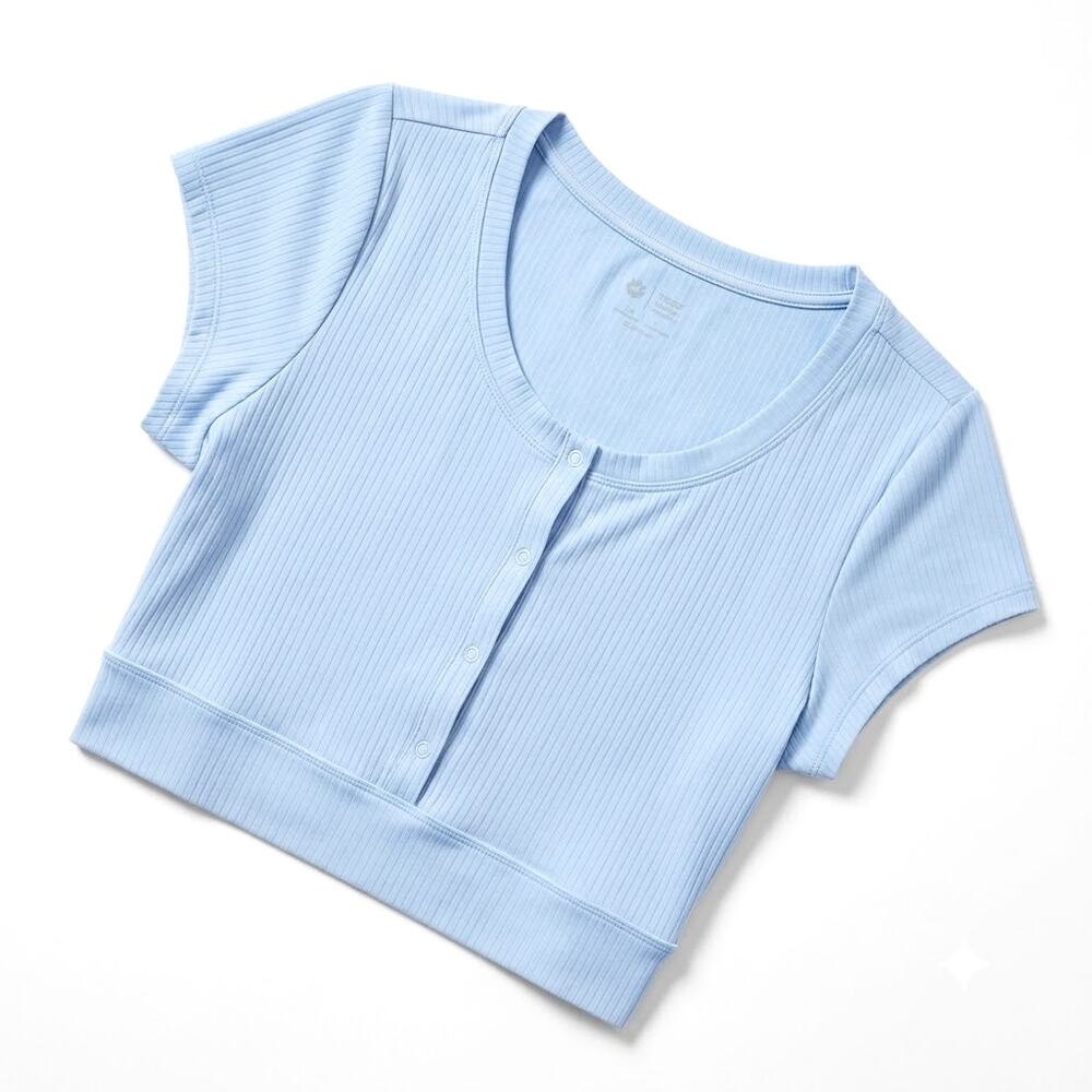 OFFLINE BY AERIE Stretchy Ribbed Crop Top Blue Henley Short Sleeve Womens Large